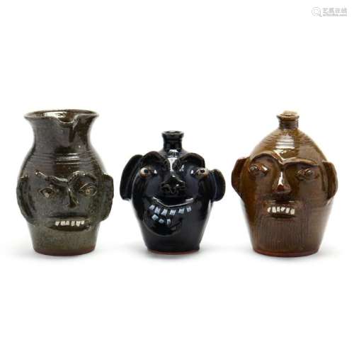Three Folk Art Pottery Face Vessels, Charles Lisk