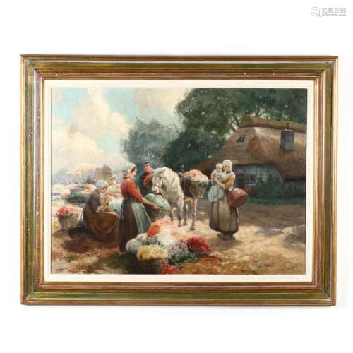 A Vintage Painting of a Dutch Flower Market