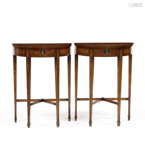 Pair of Adam Style Demilune One Drawer Tables