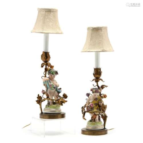 A Facing Pair of Putti Porcelain Candle Lamps