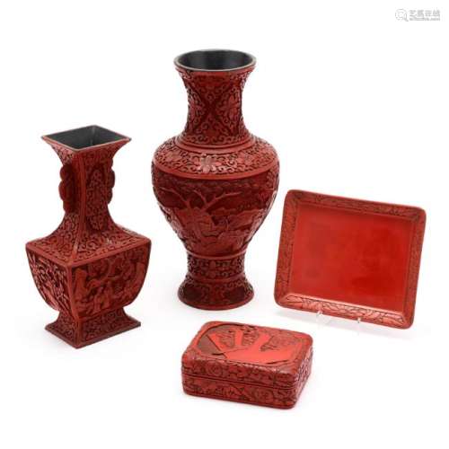 A Group of Chinese Carved Cinnabar Lacquer Items