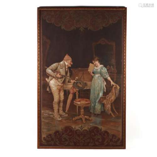 A Large Antique Painting of a Music Lesson