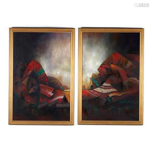 A Pair of Contemporary Paintings of Mexican Textiles by