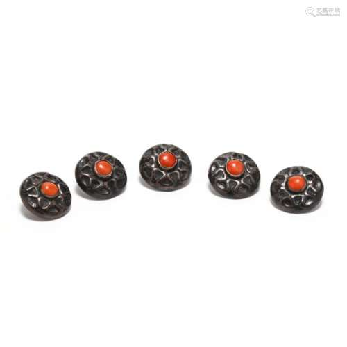 A Set of Five Georg Jensen Silver and Coral Buttons
