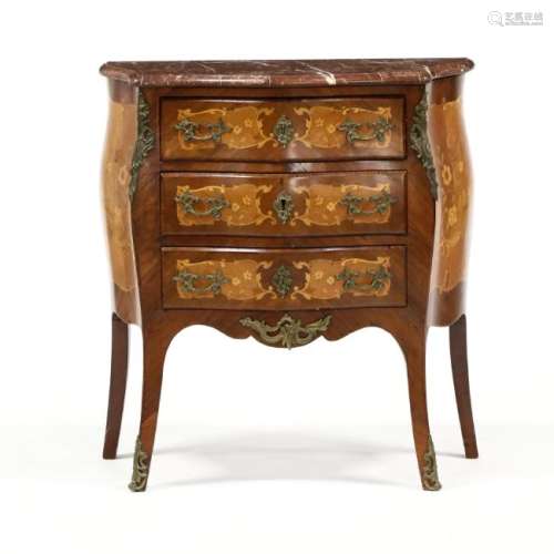 French Marquetry Inlaid Diminutive Marble Top Commode