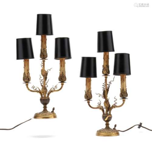 Pair of Three-Stem French Gilt Metal Table Lamps