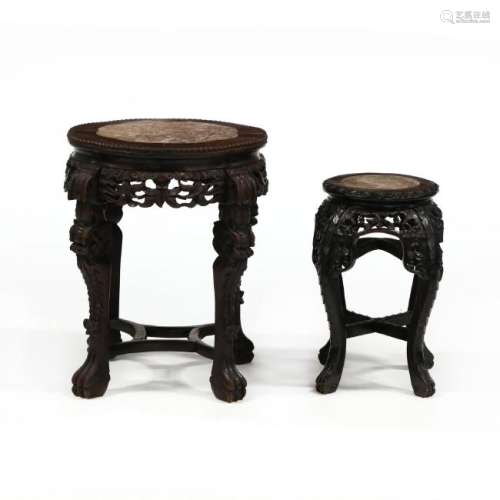 Two Chinese Marble Top and Hardwood Stands