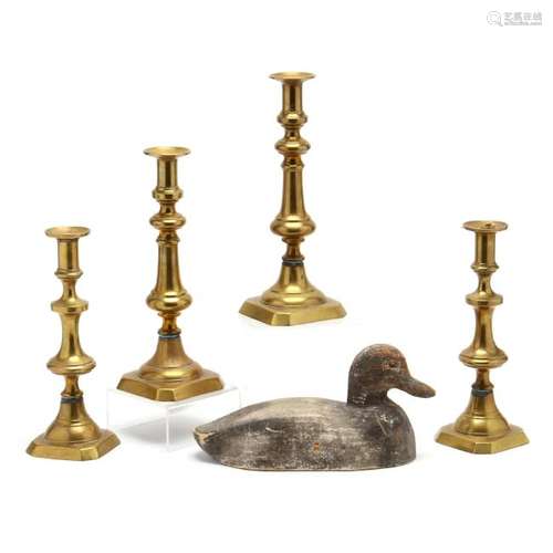 Group of Antique Brass Candlesticks and Decoy