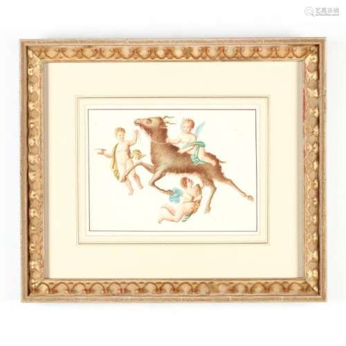 19th Century Italian Watercolor of Putti with Goat