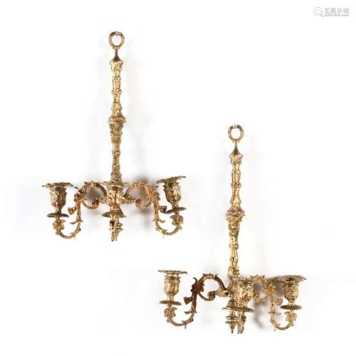 Pair of Three-Stem Hanging Gilt Sconces for Candles