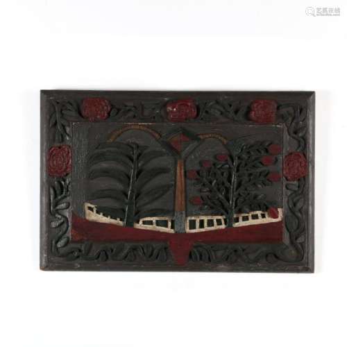 Tramp Art Carved and Painted Wooden Wall Plaque