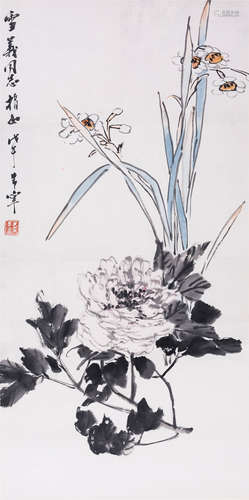 于希宁  水仙花卉 纸本设色镜芯