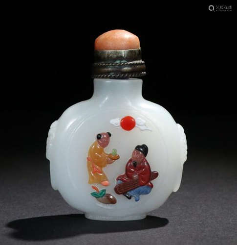 A HETIAN JADE CHARACTER STORY EMBEDDED SNUFF BOTTLE