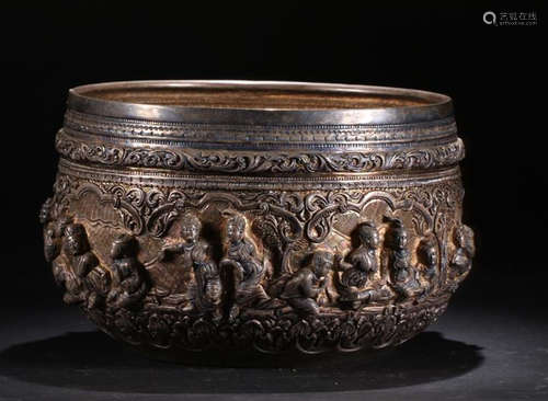 A SILVER CHARACTER STORY CARVED CENSER