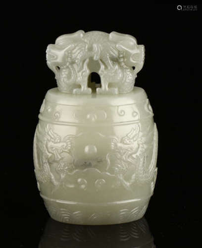 A HETIAN JADE DRAGON CARVED DRUM SHAPE ORNAMENT