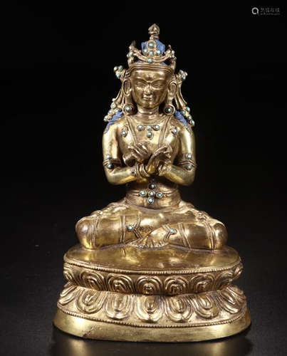 A GILT BRONZE TURQUOISE STONE EMBEDDED TARA BUDDHA