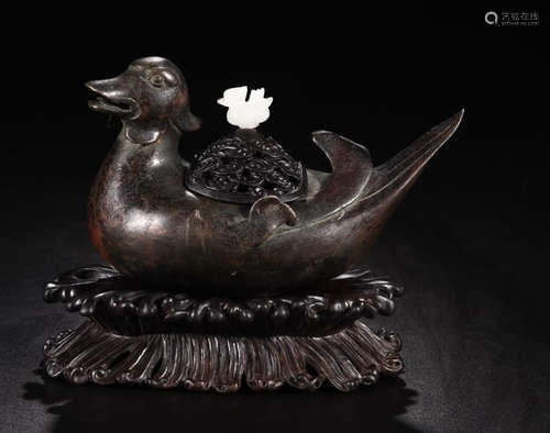 A BRONZE DUCK SHAPED CENSER