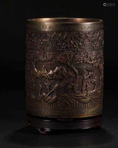 A BRONZE CHARACTER STORY CAREVD BRUSH HOLDER