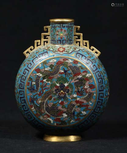 A CLOISONNE DRAGON PAINTED DOBLE EAR VASE