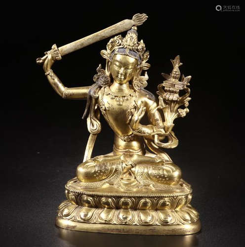 A GILT BRONZE MANJUSHRI SITTING STATUE BUDDHA