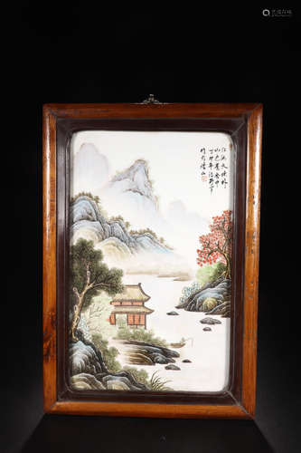 A FAMILLE ROSE LANDSCAPE CALLIGRAPHY PAINTED SCREEN