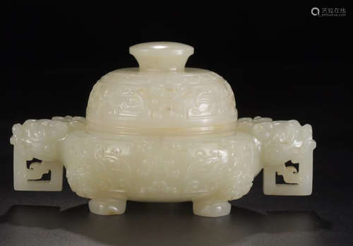 A HETIAN JADE DRAGON CARVED TRI-POD CENSER