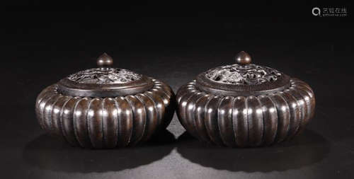 A PAIR OF HUANGHUA WOOD  MELON SHAPED CHESS JARS