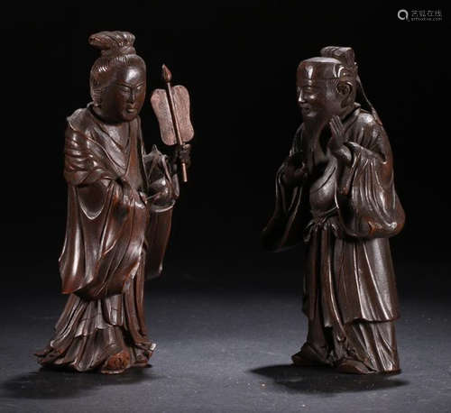 A PAIR OF HUANYANG WOOD CHARACTER ORNAMENT