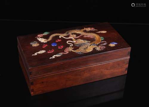 A Chinese Carved Mother-Pearl-Inlaid Huanghuali Square Box with Cover
