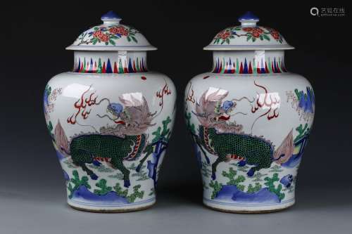 A Pair of Chinese Wu-Cai Porcelain Jars with Covers