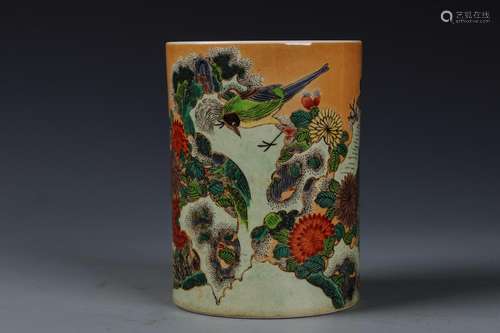 A Chinese Wu-Cai Porcelain Brush Pot