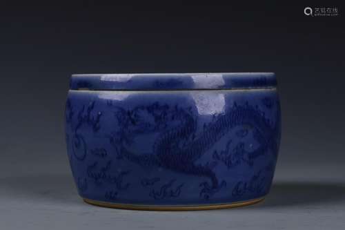 A Chinese Blue Glazed Porcelain Can with Cover