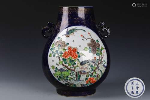 A Chinese Blue Ground Famille-Rose Porcelain Vase