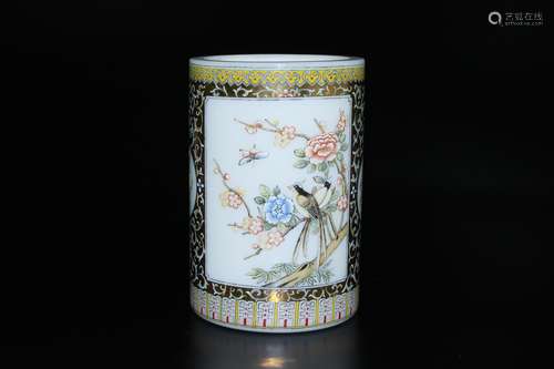 A Chinese Painted Peking Glass Enamel Brush Pot