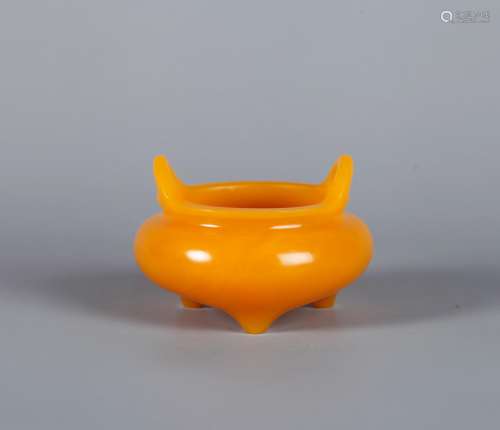A Chinese Carved Yellow Peking Glass Incense Burner