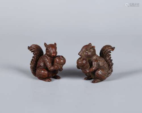 A Pair of Chinese Bronze Squirrel-Shape Brush Rest