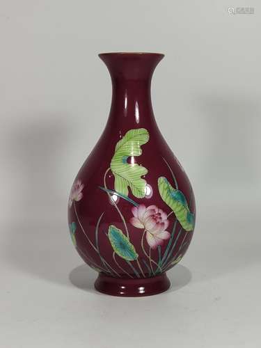 A Chinese Red Ground Famille-Rose Porcelain Vase