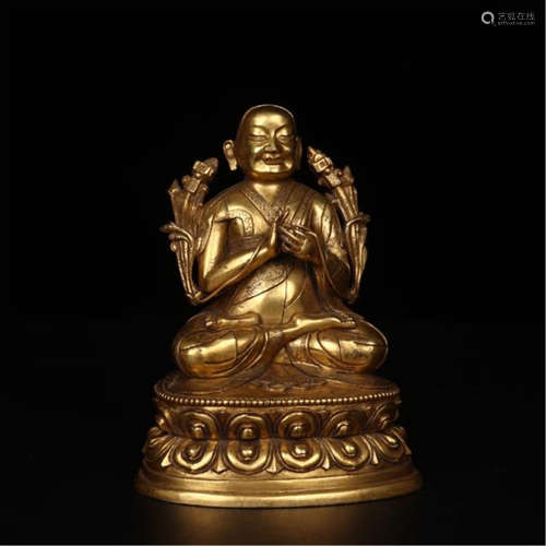 TIBETAN GILT BRONZE SEATED GURU