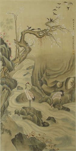 CHINESE SCROLL PAINTING OF CRANE IN RIVER