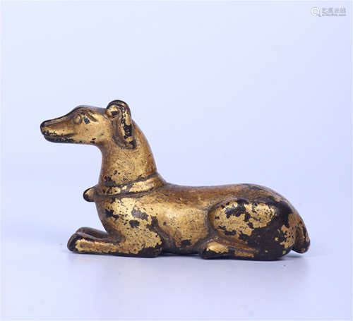 CHINESE GILT BRONZE COUCHING DOG TABLE ITEM