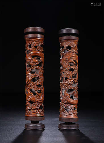 PAIR OF CHINESE BOXWOOD DRAGON INCENSE CAGES