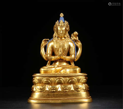 CHINESE GILT BRONZE SEATED FOUR ARM GUANYIN