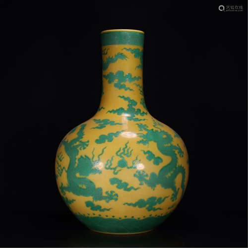 CHINESE PORCELAIN YELLOW GROUND GREEN DRAGON TIANQIU VASE