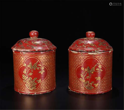 PAIR OF CHINESE RED LACQUER GOLD PAINTED BIRD AND FLOWER LIDDED CHESS BOXES