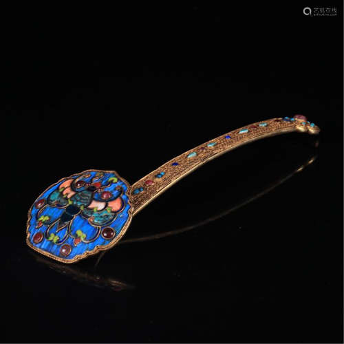 CHINESE GEM STONE INLAID GILT SILVER KINGFISHER FEATHER DECOR RUYI SCEPTER