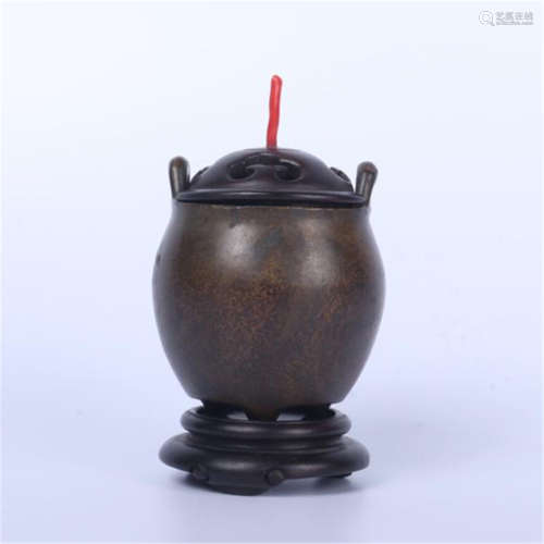 CHINESE BRONZE CENSER WITH ROSEWOOD LIDDER AND BASE