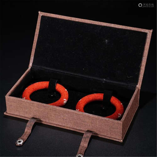 PAIR OF CHINESE CORAL BEADS BANGLES