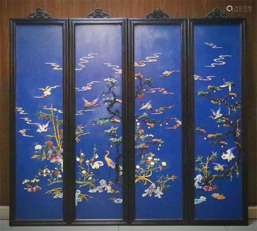 FOUR PANELS OF CHINESE GEM STONE INLAID BLUE LACQUER BIRD ANF FLOWER WALL HANGED SCREENS