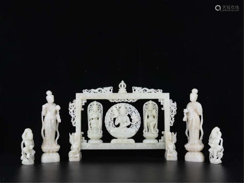 A SET OF CHINESE WHITE JADE STANDING GUANYIN AND BUDDHA