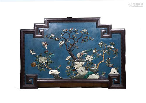 CHINESE GEM STONE INLAID ROSEWOOD WALL HANGED SCREEN